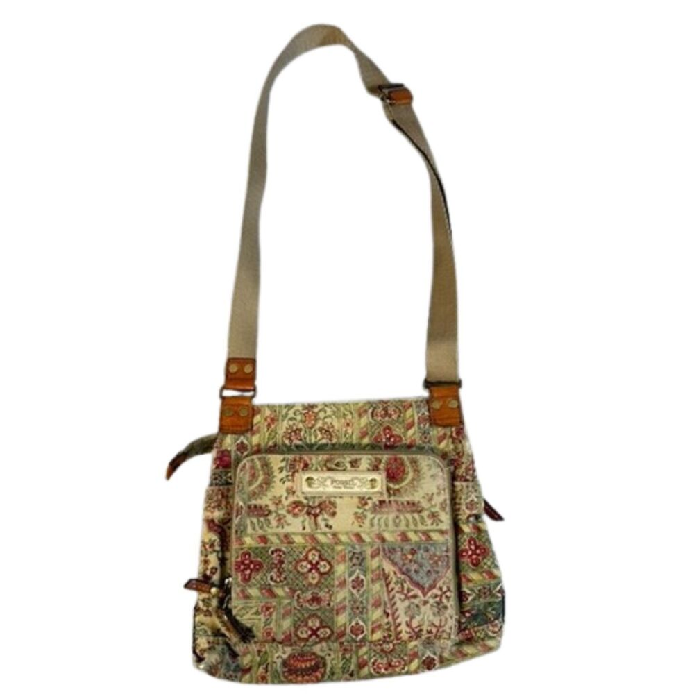 Vintage Fossil 1954 Floral Tapestry Crossbody Bag Boho Y2K Canvas Leather